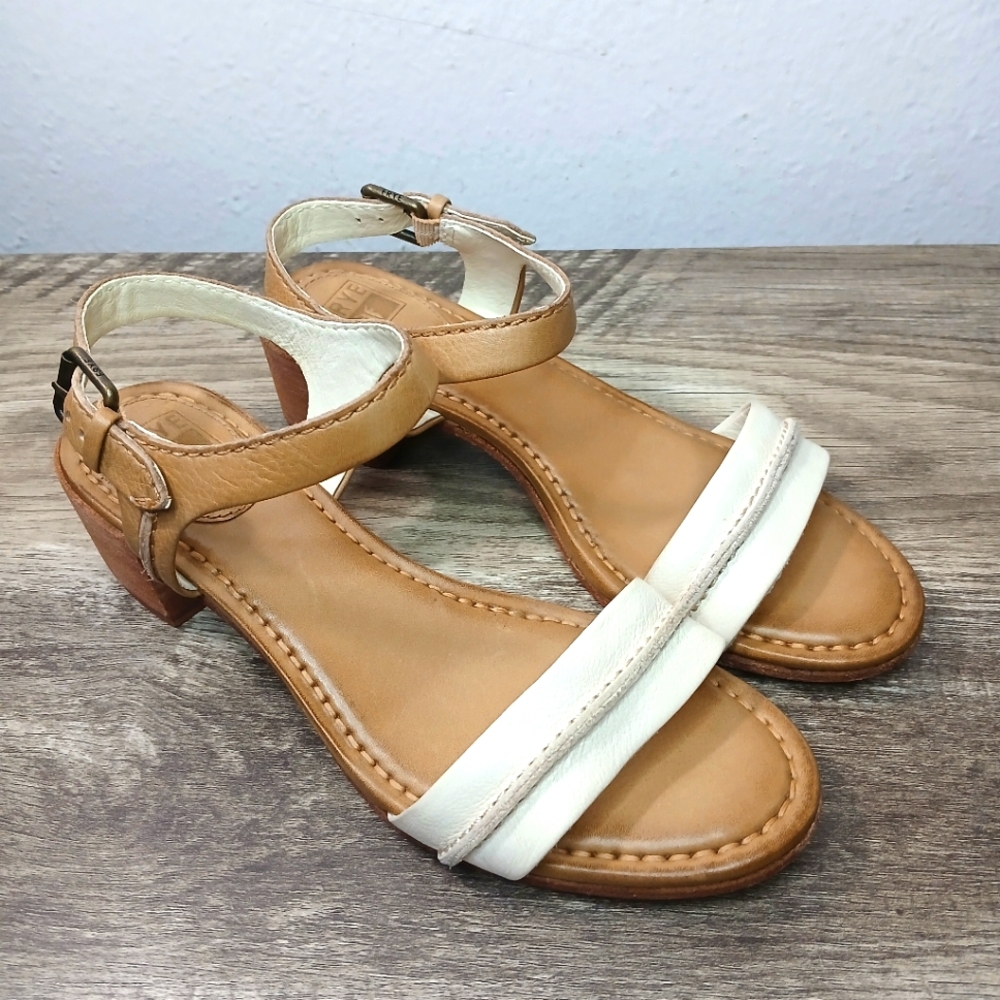 Frye Portia Block Heel Sandal Ankle Strap White / Brown Sz 7.5 Great Condition